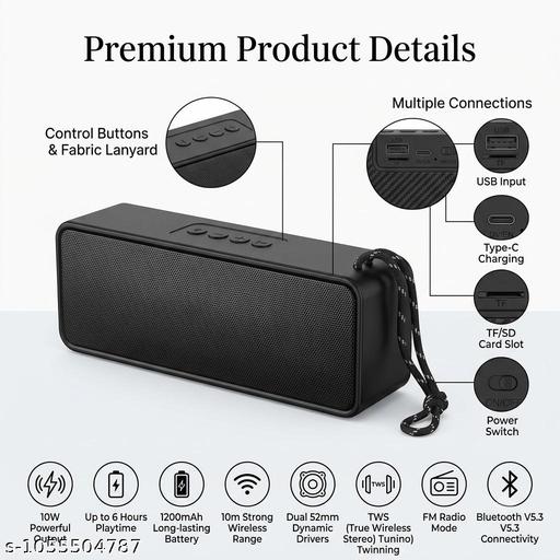 Bluetooth Speaker| Portable 10W Wireless Bluetooth 5.0 Speaker with TWS Pairing & FM Radio - Black