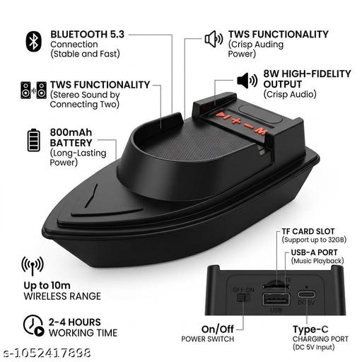 Boat Shape Wireless Bluetooth Speaker with Mobile Stand | Portable Mini Speaker | Black - 2