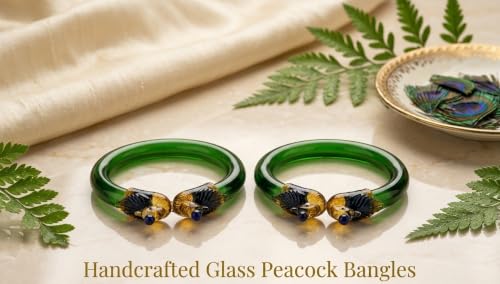 Handcrafted Glass Bangle with Peacock Design, Green and Blue, Pair - 3