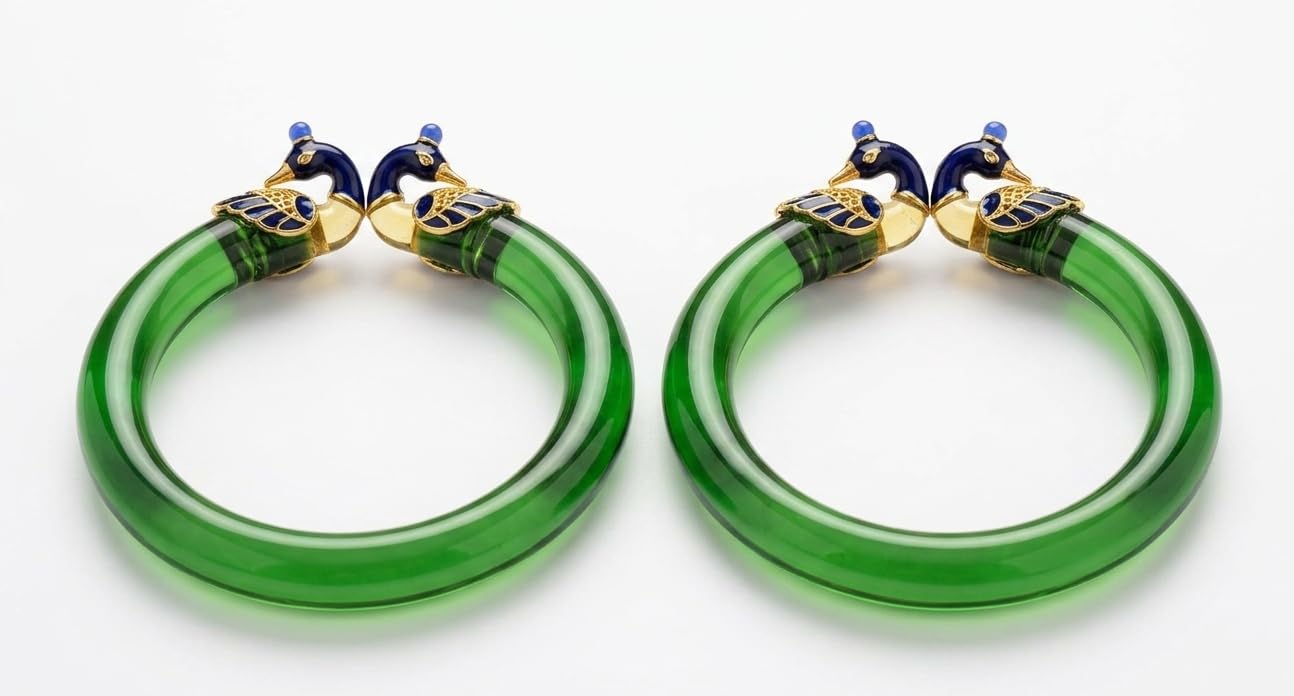 Handcrafted Glass Bangle with Peacock Design, Green and Blue, Pair - 5