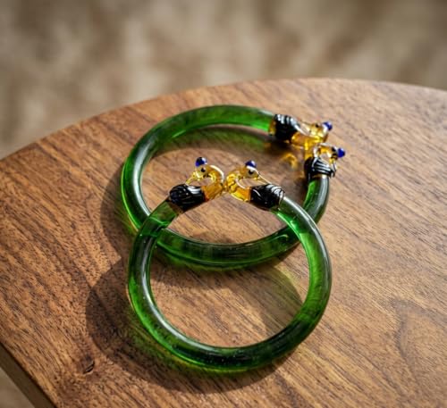 Handcrafted Glass Bangle with Peacock Design, Green and Blue, Pair - 2