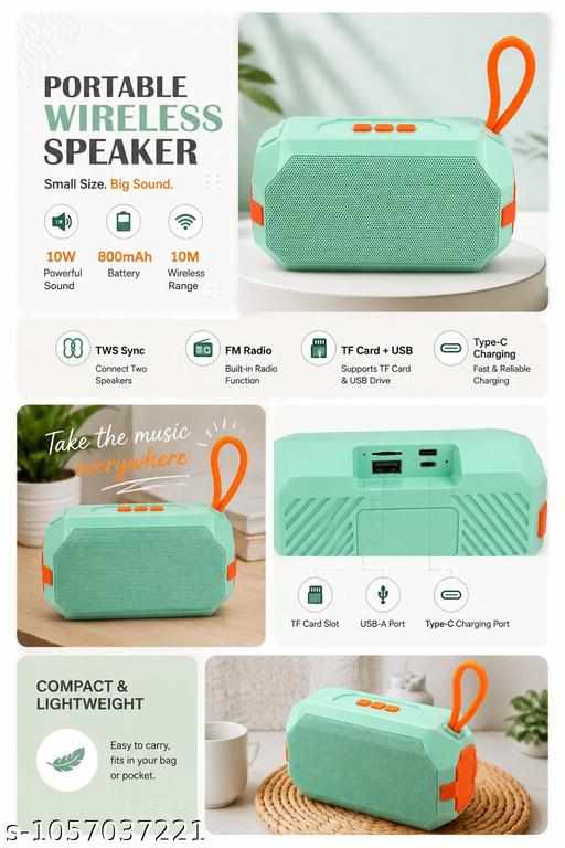 Portable Bluetooth Speaker, BT version 5.3, Wireless Mini Speaker, HD Sound, Long Battery Backup & TF Card Support – Compact Outdoor Music Speaker-Green colour