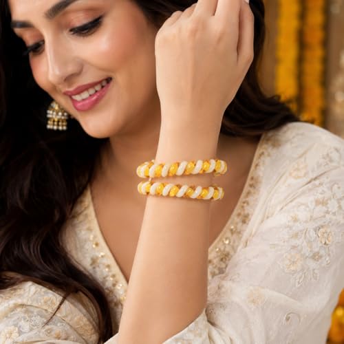 Elegant Spiral Twist Bangle, Yellow and White, Set of 2 - 3